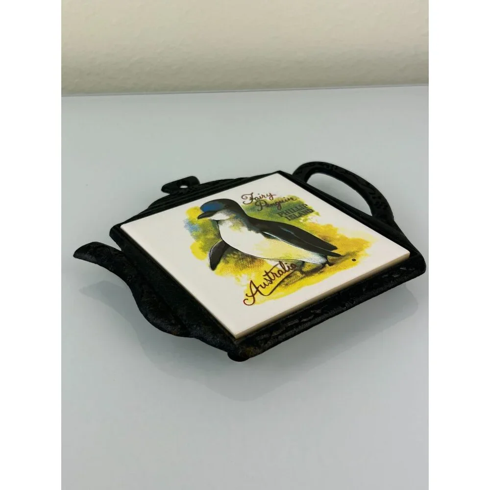 Vintage Fairy Penguin Phillip Island Australia Tile Trivet in Teapot Iron Holder